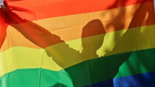 علم ملون لمجموعات مثليي الجنس بمختلف فئاتهم ويبدو شخص في الظل/الصحافة الكندية
