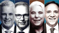 من اليمين إلى اليسار : فر انسوا لوغو زعيم التحالف من أجل مستقبل كيبيك(CAQ)، مانون ماسي (حزب التضامن الكيبيكي)، فرانسوا ليزي (الحزب الكيبيكي PQ) وفيليب كويار (الحزب الليبرالي الكيبيكي PLQ) – Radio Canada