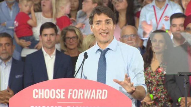 الزعيم الليبرالي جوستان ترودو يتحدّث في لقاء انتخابي في 22-09-2019/CBC/هيئة الاذاعة الكنديّة