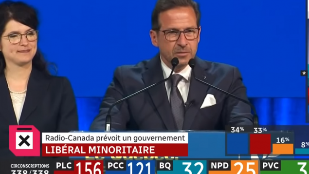 ايف فرانسوا بلانشيه زعيم الكتلة الكيبيكيّة يلقي كلمة مع صدور نتائج الانتخابات التشريعيّة/Radio-Canada