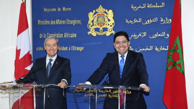 (من اليمين إلى اليسار) وزيرا الخارجية المغربي ناصر بوريطة، والكندي فرانسوا قيليب شامبان وزير خلال ندوة صحفية عقداها يوم الجمعة 24.01.2020 في الرباط في المغرب – Twitter/ @FP_Champagne