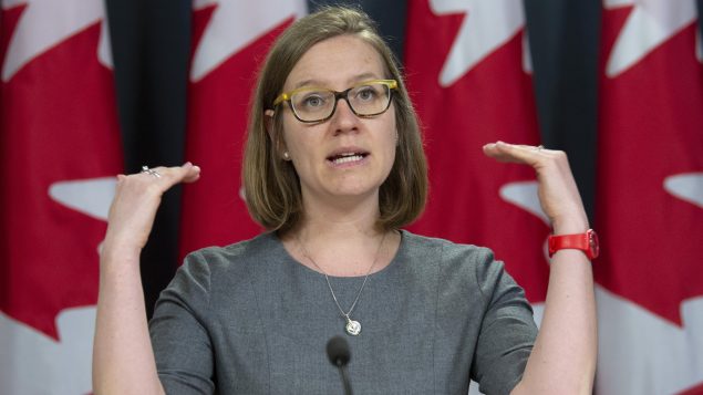 Democratic Institutions Minister Karina Gould responds to a question during a news conference in Ottawa, Monday, April 8, 2019. Days before Canada announced more than $100 million in new foreign aid to fight COVID-19, a federal minister and a leading aid advocate said the country can't afford to scrimp on its overseas spending in fighting COVID-19. THE CANADIAN PRESS/Adrian Wyld