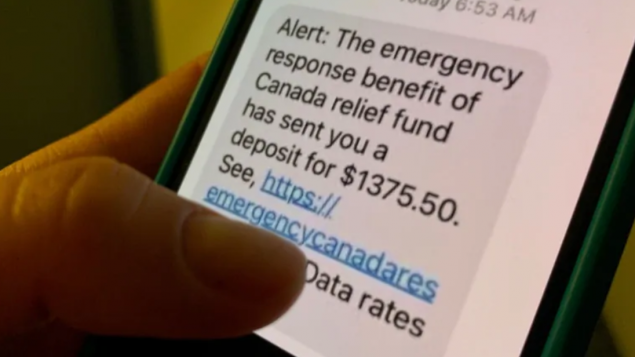 رسالة نصيّة مضلّلة يدّعي من يرسلها أنّ مصدرها خطّة الطوارئ الفدراليّة التي وضعتها الحكومة الكنديّة لمواجهة فيروس كورونا المستجدّ/Thomas Daigle/CBC/هيئة الإذاعة الكنديّة