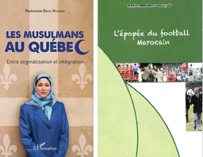 من بين مؤلّفات رضوان بن نُصير (ابتداءً من اليمين): ملحمة كرة القدم المغربية (2018) و "المسلمون في كيبيك بين الوصم والاندماج" (2016) 