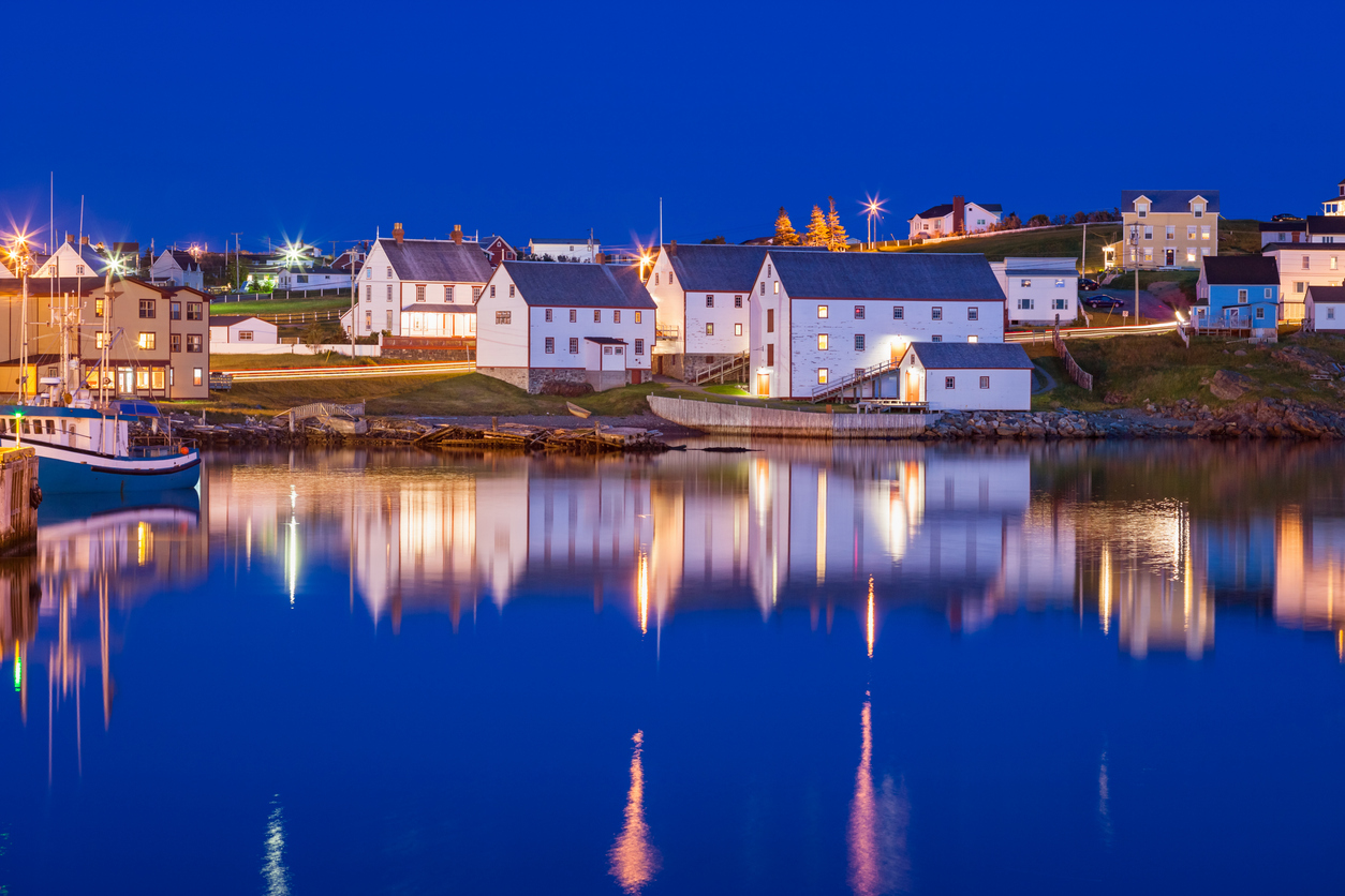 Stock photograph of the historic town of Bonavista in Newfoundland, Canada at twilight blue hour.