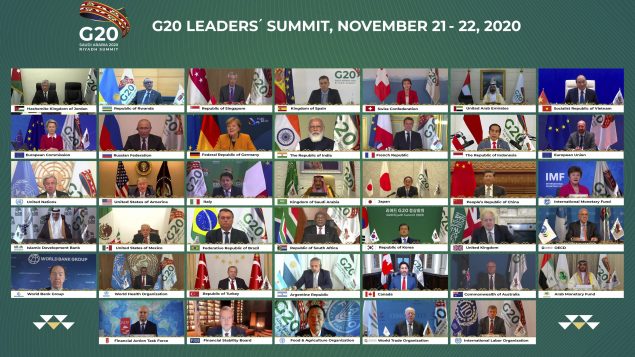 العاهل السعودي سلمان بن عبد العزيز و قادة مجموعة العشرين في القمّة الافتراضيّة التي نظّمتها المملكة /G20 Riyadh Summit via AP