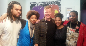 Daybreak's panel on the future of the black community in Montreal. From left to right: Kai Thomas, from the DESTA Black Youth Network; Sylvia Stewart, an actress, filmmaker and member of the National ACTRA Diversity Committee; Daybreak host Mike Finnerty; Inhairitance salon owner Abisara Machold; and Stephen Hennessy from the Westhaven-Elmhurst Community Association in NDG. (Rebecca Ugolini/CBC)