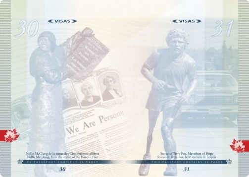 Nellie McClung who fought for women's rights, and Terry Fox who ran marathon to raise awareness on cancer research. (Photo: Passport Canada)