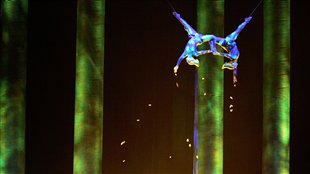 In this Nov. 28, 2008, photo, Sarah Guyard-Guillot, left, and Sami Tiaumassi perform as "Forest People" during Cirque du Soleil's "Ka" in Las Vegas.