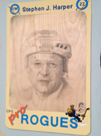 Artist Reid McLachlan hockey trading card portrait of Prime Minister Stephen Harper. (Photo: Kate Porter CBC)