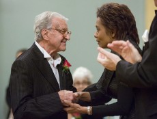 Governor General Michaelle Jean congratulates Fernand Leduc from Montreal after receiving the Governor General's award in visual and media arts at an awards ceremony in Ottawa Friday, March 23, 2007.(Photo: Tom Hanson/CP)