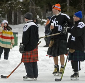 Members of the West Coast Highlanders from Vancouver showing the fun aspect of the competition, sport kilts as they at the World Pond Hockey Championships in Plaster Rock, N.B.in 2007