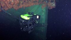 A remote operated vehicle (ROV) operated by Clearance Divers from Fleet Diving Unit (Atlantic) takes a video of the Breadalbane's stern. (CLiCK to ENLARGE)