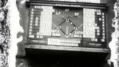 One of the unique features of the film is this "hi tech" mechanical representation of the game performed 'live- to a crowd of thousands in New York City. The board shows a fly ball hit to left field and runners moving toward first and second. CLICK to ENLARGE