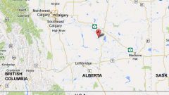 Red dot indicates Bow City, Alberta and the site of impact crater. The force was such that the blast would have wiped out any living creature with 200 km. (google ) CLICK to ENLARGE