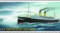 The new $2.50 stamp issued by Canada Post for international letters, showing the Storstad's bow emerging from the fog