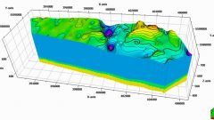 3D imaging showing the depression around the exterior ring and the central peak. Over millions of years the vast wall of material around the impact, the deep hole and high central peak have all eroded to the point of being virtually unnoticeable on the landscape now. (CLICK to ENLARGE)
