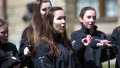 Na Gaisgich Òga -- the Young Heroes Youth Mentorship Program. The young woman singing was at the launch at Province House on April 30, mentorship approach where the youth gather one weekend a month for 10 months, the program focuses on conveying Gaelic cultural expression such as storytelling, song, music and step dancing through the Gaelic language. Youth work with a mentor between gatherings to further develop their language proficiency and cultural appreciation.  (photo-supplied COmmunications Nova Scotia) CLICK to ENLARGE