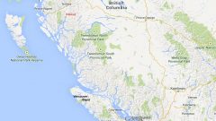 Map of British Columubia coast showing the many islands large and small along the coast and in the large fiords. Kitimat is shown in Rad. (Google) CLICK to enlarge