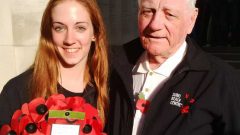 2014, at the WWI memorial Menin Gate: Shelburne Ontario student Adrianna Ricci with veteran Tony Balch, who served aboard HMS Warspite during the landings on D-Day (CLICK to enlarge)