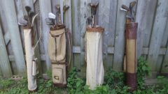 Ken Leedham's collection of early golf bags and clubs. He notes that golf bags date from the 19th century, Prior to that golfers or caddies simply carried the "sticks" tucked under their arms (Ken Leedham) CLICK to ENLARGE