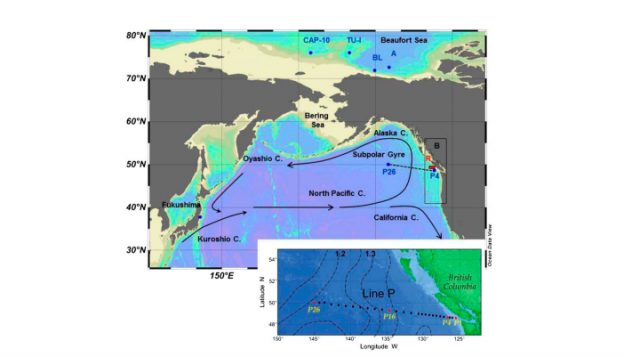 Map showing the location of the site of the Fukushima Dai-ichi Nuclear Power Plant accident in Japan. Stations are indicated at which seawater samples were collected in 2011–2014 on Line P and in 2012 in the Beaufort Sea.