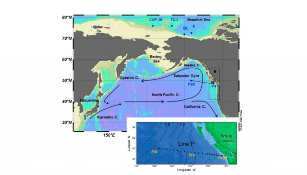 Map showing the location of the site of the Fukushima Dai-ichi Nuclear Power Plant accident in Japan. Stations are indicated at which seawater samples were collected in 2011–2014 on Line P and in 2012 in the Beaufort Sea.  