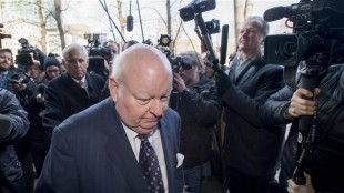 Former Conservative government Senator, Mike Duffy, arrives for his first court appearance at the courthouse in Ottawa on Tuesday, April 7, 2015. Duffy faces allegations of bribery, fraud and breach of trust. Photo Credit: Justin Tang/CP