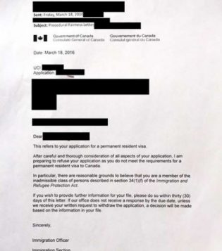 A copy of the "procedural fairness" letter by Canadian consular officials in Hong Kong was obtained by the South China Morning Post newspaper.
