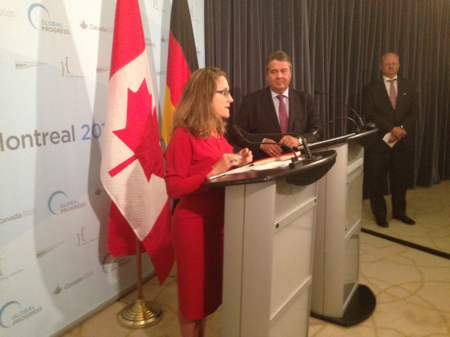 Canada's International Trade Minister Chrystia Freeland and German Vice Chancellor and Economy Minister Sigmur Gabriel answer questions from reporters in Montreal, on Sept. 19, 2016. Levon Sevunts/Radio Canada International