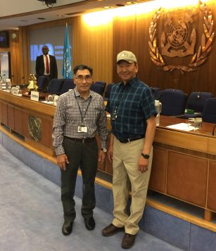 Tagak Curley of Rankin Inlet, Nunavut, and Hans Lennie of Inuvik, N.W.T. at the IMO meeting in London in October 2016. (Photo: Andrew Dumbrille)