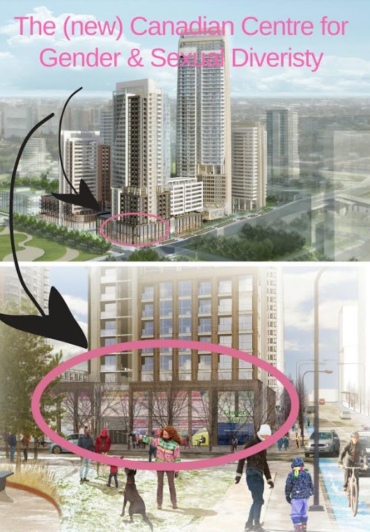 Drawing of building, second drawing with circle around windows of the future museum.