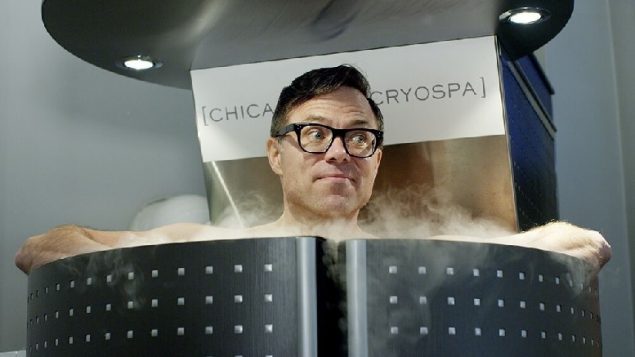 Tim Caulfield (PhD) University of Alberta,, shown experiencing a cryospa- one of many health remedoes explored on the Canadian series, "A User's Guide to Cheating Death" (Peacock Alley Entertainment)