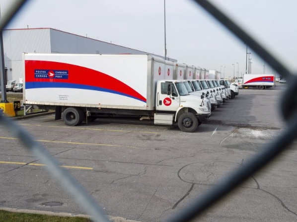 A line of Canada Post trucks.