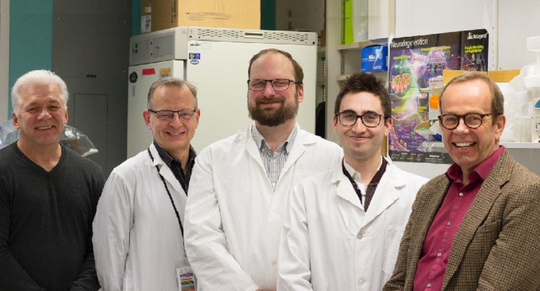 (From left) Medical researchers Tom Hobman, Frank van Landeghem, William Branton, Matthew Doan and Christopher Power were part of a U of A team that discovered a seemingly harmless virus is actually a cause of encephalitis. (Photo: Jordan Carson)