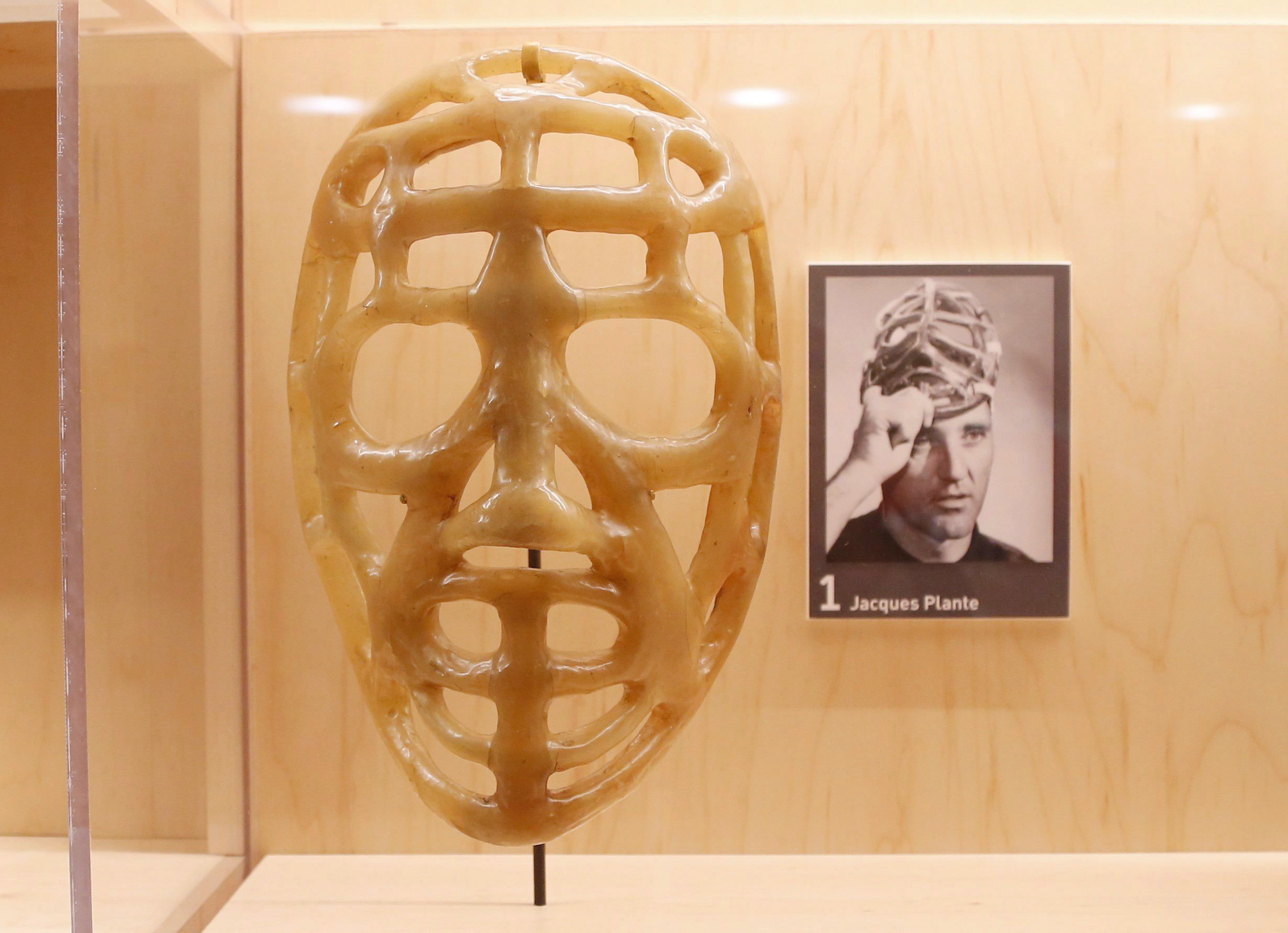 Jacques Plante's "pretzel mask" is on display at a hockey exhibit at the Museum of History in Gatineau, Quebec, on Thursday, March 9, 2017. THE CANADIAN PRESS/ Patrick Doyle