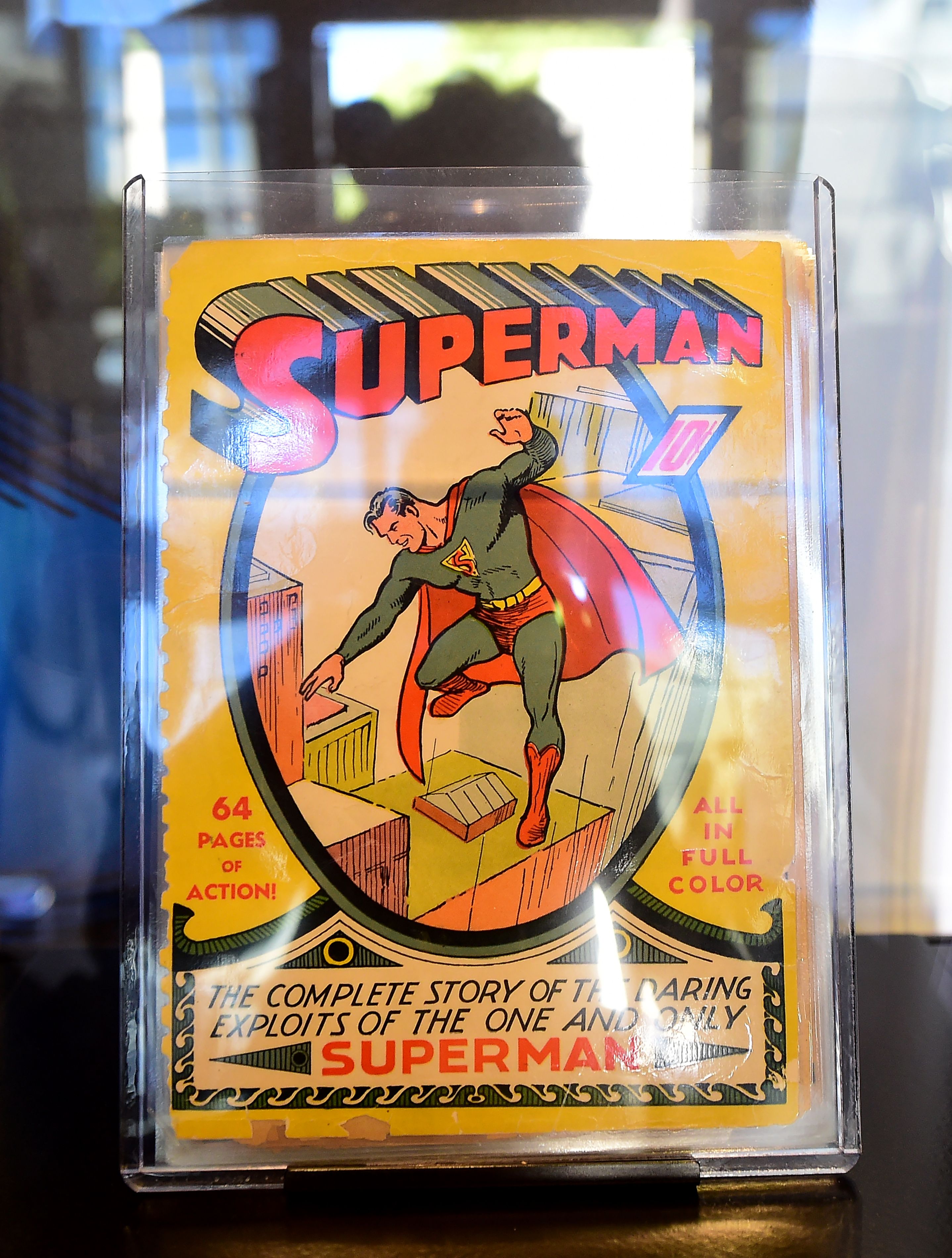 The very first Superman comic book from 1939 is displayed during Batman's cemetary visit is displayed during a press preview of "DC Universe: The Exhibit" at the Warner Bros Studio in Burbank, California on May 18, 2016.
The exhibit opening on May 24, featured original costumes and props from the 'Batman v Superman' and this summer's highly anticipated 'Suicide Squad' films. / AFP PHOTO / FREDERIC J. BROWN (Photo credit should read FREDERIC J. BROWN/AFP/Getty Images)