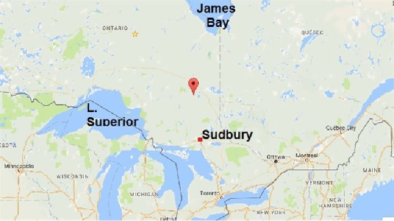 Red pointer indicates location of Kidd Creek mine at Timmins, Ontario where the oldest water was found. It's about 300 km north of Sudbury, and over 700 km NW of the national capital Ottawa. (Google maps)