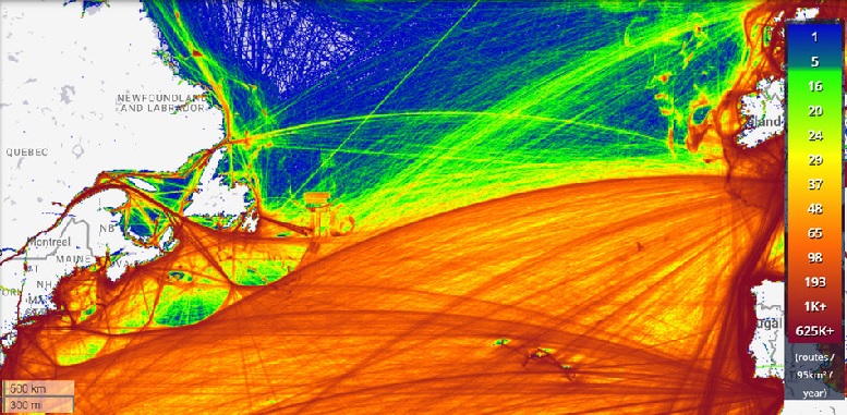 Visual tracking of ship traffic 2016-17 from marinetraffic.com (CNW COSEWIC)