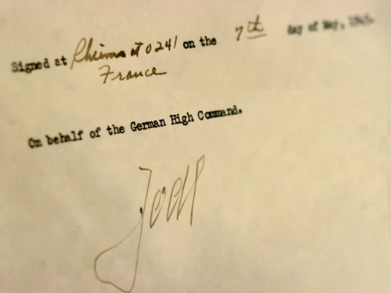 The signature of German Col. Gen. Alfred Jodl is shown on an original VE Day "Instrument of Surrender," signed on May 7, 1945, at Allied headquarters in Rheims, France, to end the war in Europe. (Reuters)