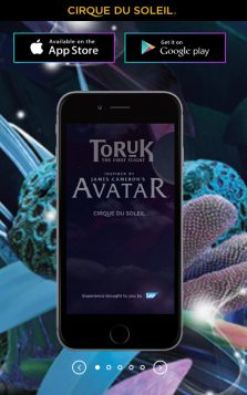 Captura de pantalla del sitio de Toruk, del Cirque du Soleil. www.cirquedusoleil.com/toruk/mobile-app