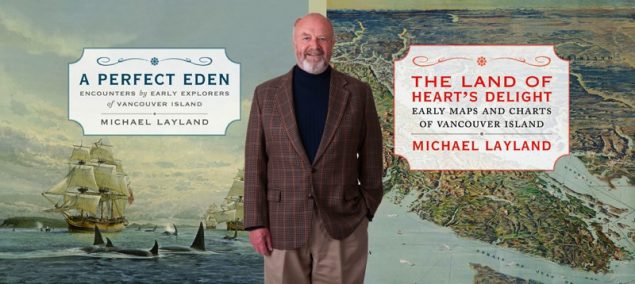El historiador y cartógrafo canadiense Michael Layland y las portadas de sus dos libros | Touchwood Editions