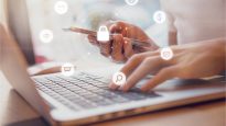 Woman using smartphone Cyber security network