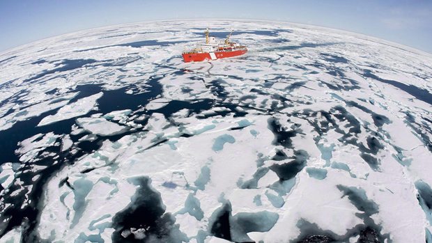 The Canadian Coast Guard icebreaker Louis S. St. Laurent makes its way through the ice in Baffin Bay. Photo: Jonathan Hayward/The Canadian Press 