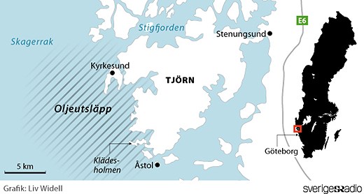 Map of the oil spill off coast of western Sweden. Image Liv Widell, Radio Sweden.