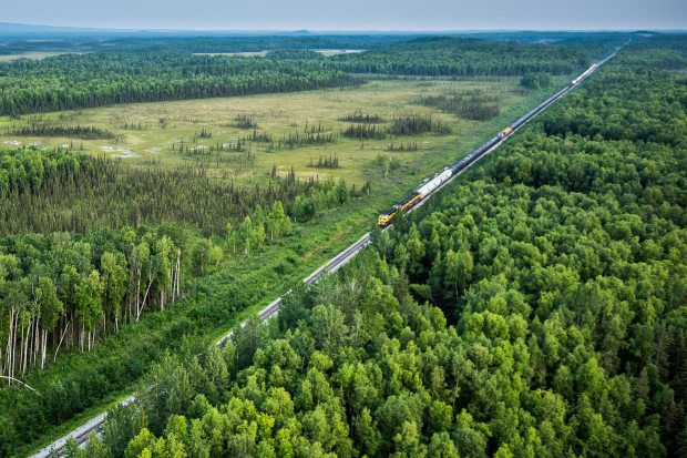 An aerial view of Alaska Railroad tracks heading north to Talkeetna, July 19, 2012. Through the years, many of the Alaska Railroad's pesticide spraying applications have been eradicated by public opposition. Regulatory changes set to take effect in March promise to change that. Loren Holmes photo. Alaska Dispatch. 