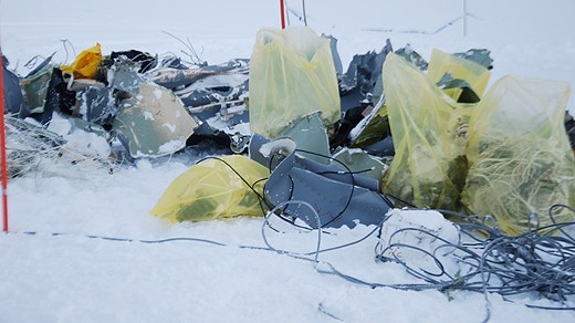 Plane wreckage collected at crash site. The crash occured as the plane was en route between Kiruna in Sweden and the North Sea port of Narvik in Norway. Photo: Swedish Police