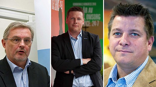 Three parties: Christer Ågren at Swedish Enterprise, Tobias Baudin at blue-collar union LO and Veli-Pekka Säikkälä at the metal workers' union IF Metall. Photo: Scanpix, montage by Swedish Radio
