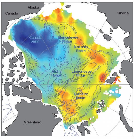Increasing freshwater on the U.S. and Canadian side of the Arctic is balanced by decreasing freshwater on the Russian side. Blue represents maximum freshwater increases and yellows and oranges represent maximum freshwater decreases. Graphic courtesy: University of Washington. Alaska Dispatch. 