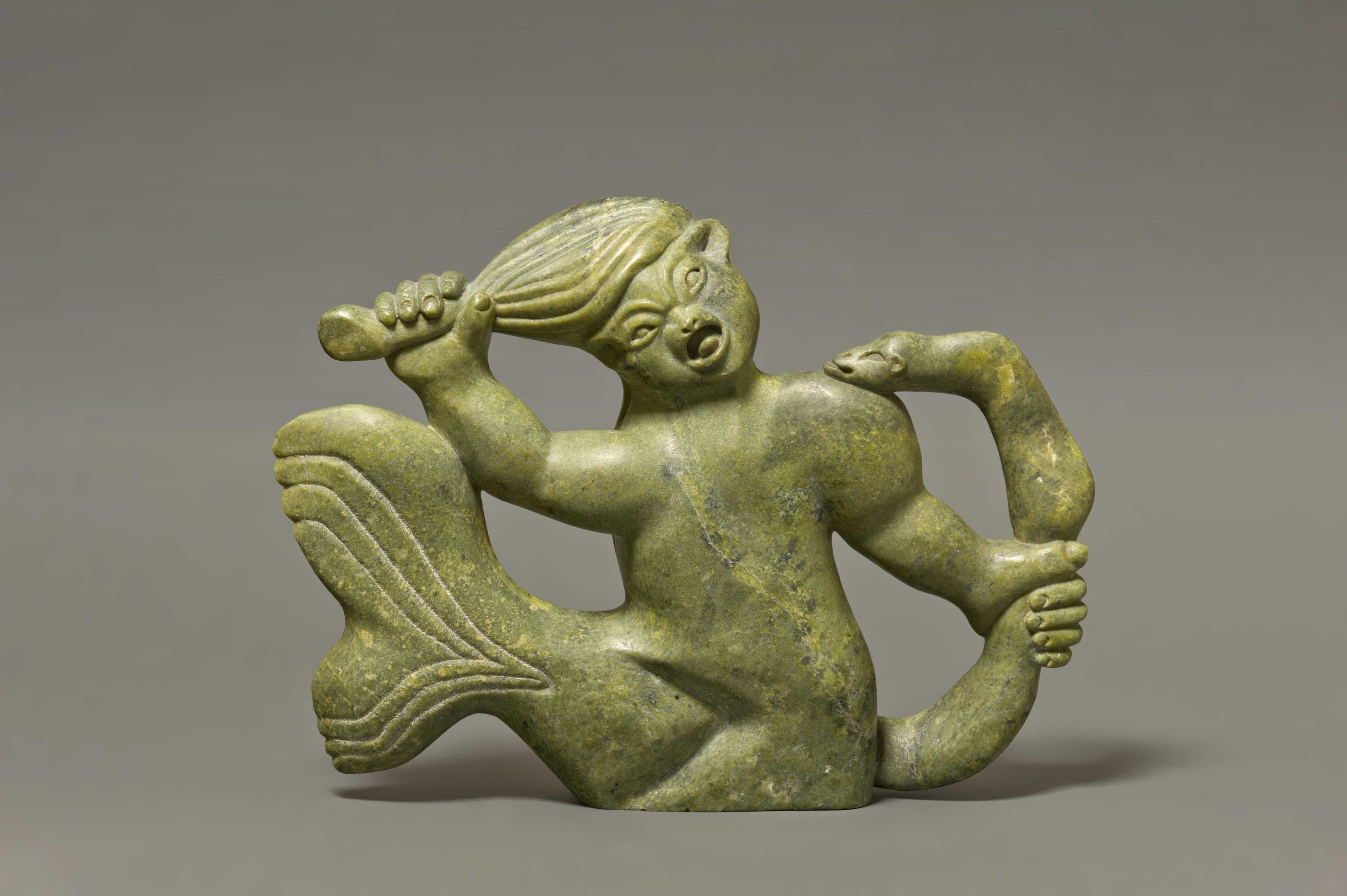 Taleelayuk and Serpent, 1962. Stone. Artist: Qaqaq Ashoona. (Collection of the Winnipeg Art Gallery)